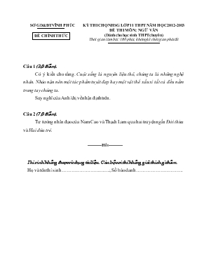 Kỳ thi chọn học sinh giỏi lớp 11 THPT năm học 2012 - 2013 đề thi môn Ngữ Văn